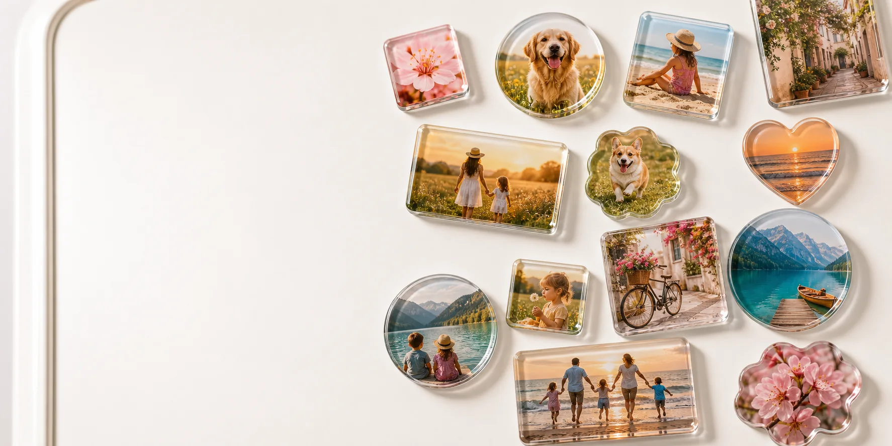 Glossy acrylic custom photo magnets arranged on a clean magnetic surface