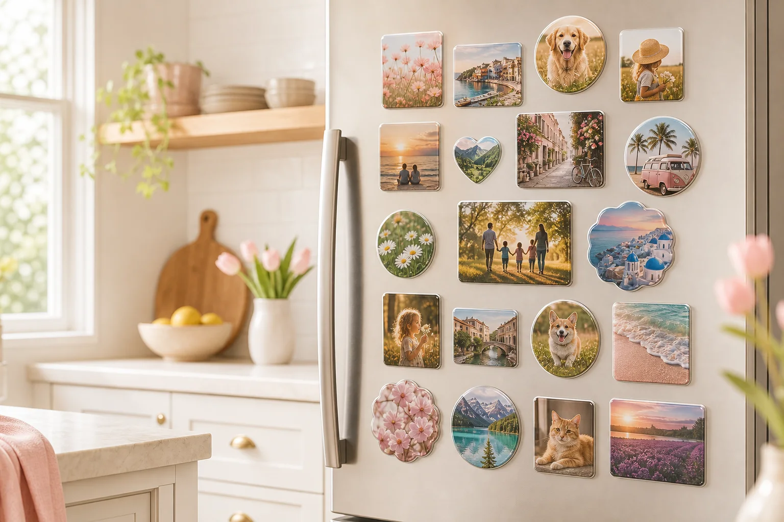 A bright kitchen refrigerator with a memory wall of glossy acrylic photo magnets